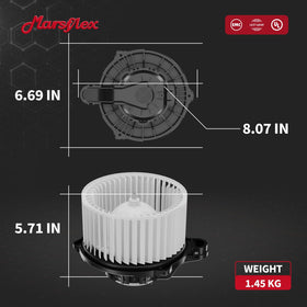 Marsflex blower motor next to ruler for scale demonstrating compact size