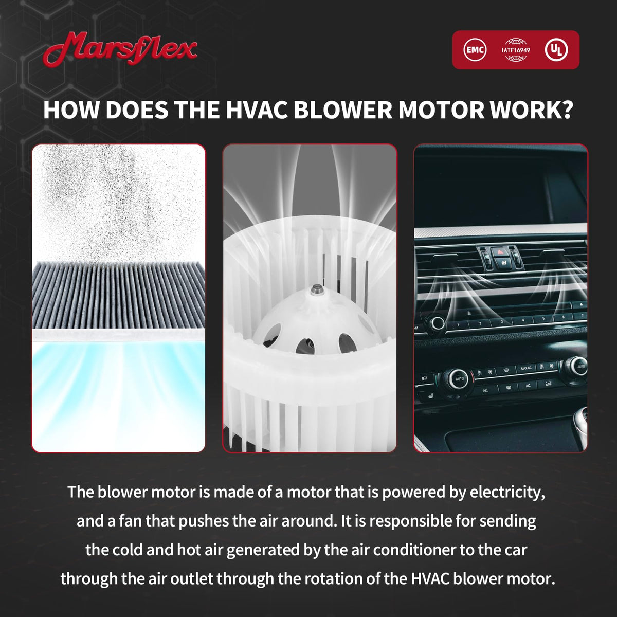 Marsflex blower motor installed under dashboard restoring reliable cabin airflow