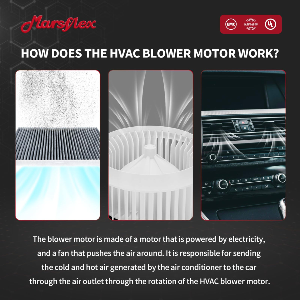 Marsflex blower motor installed in vehicle to show scale and direct replacement