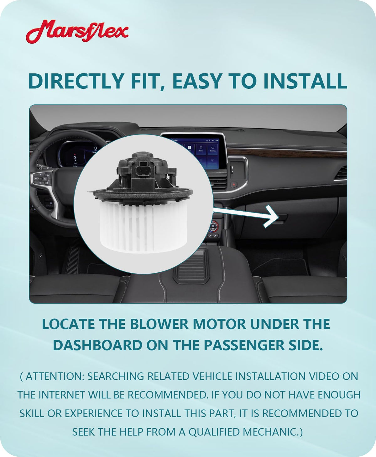 Marsflex blower motor beside ruler showing compact fit for quick swap