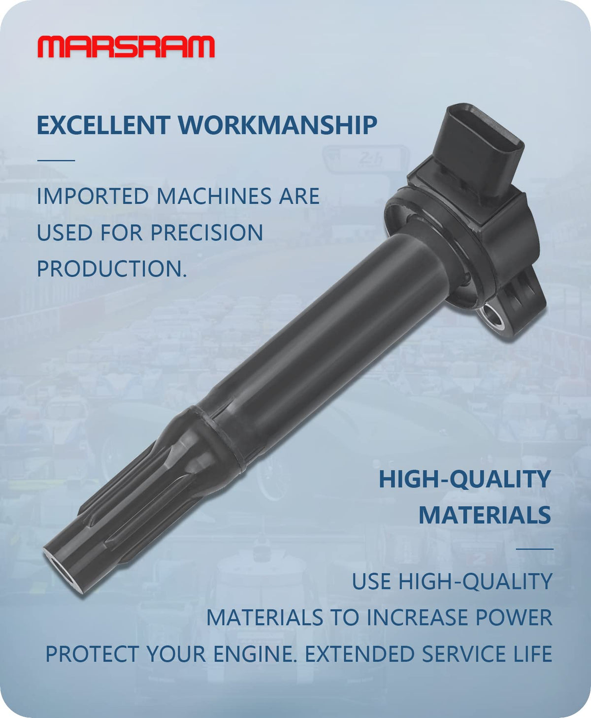 Marsram coil pack beside a spark plug showing compatibility and easy swap