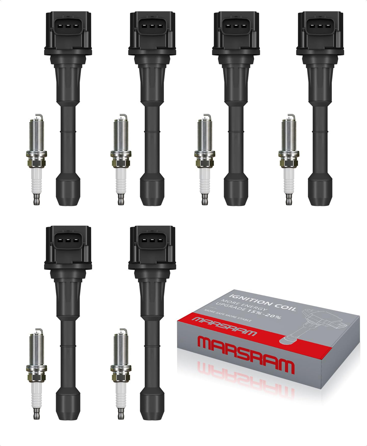 marsram front packaging showing six coils and six plugs, clear identify fitment benefits