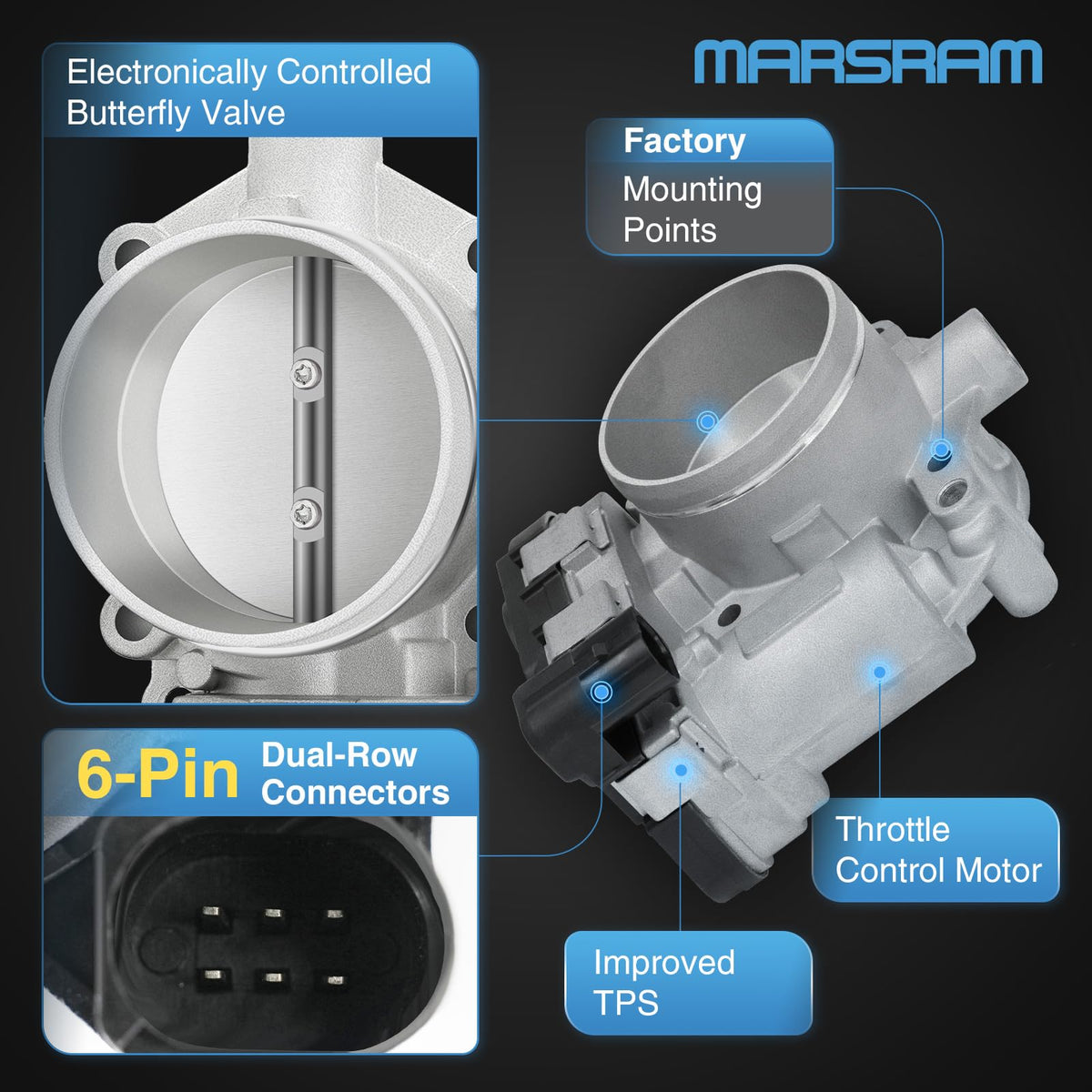 Marsram throttle body butterfly valve close-up for precise airflow control