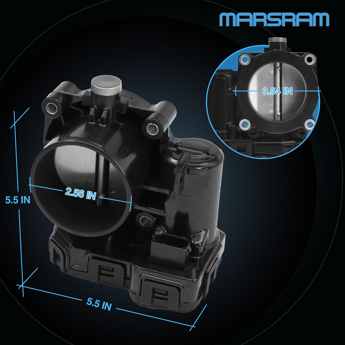 Marsram throttle body dimensions scale showing size comparison for accurate fit