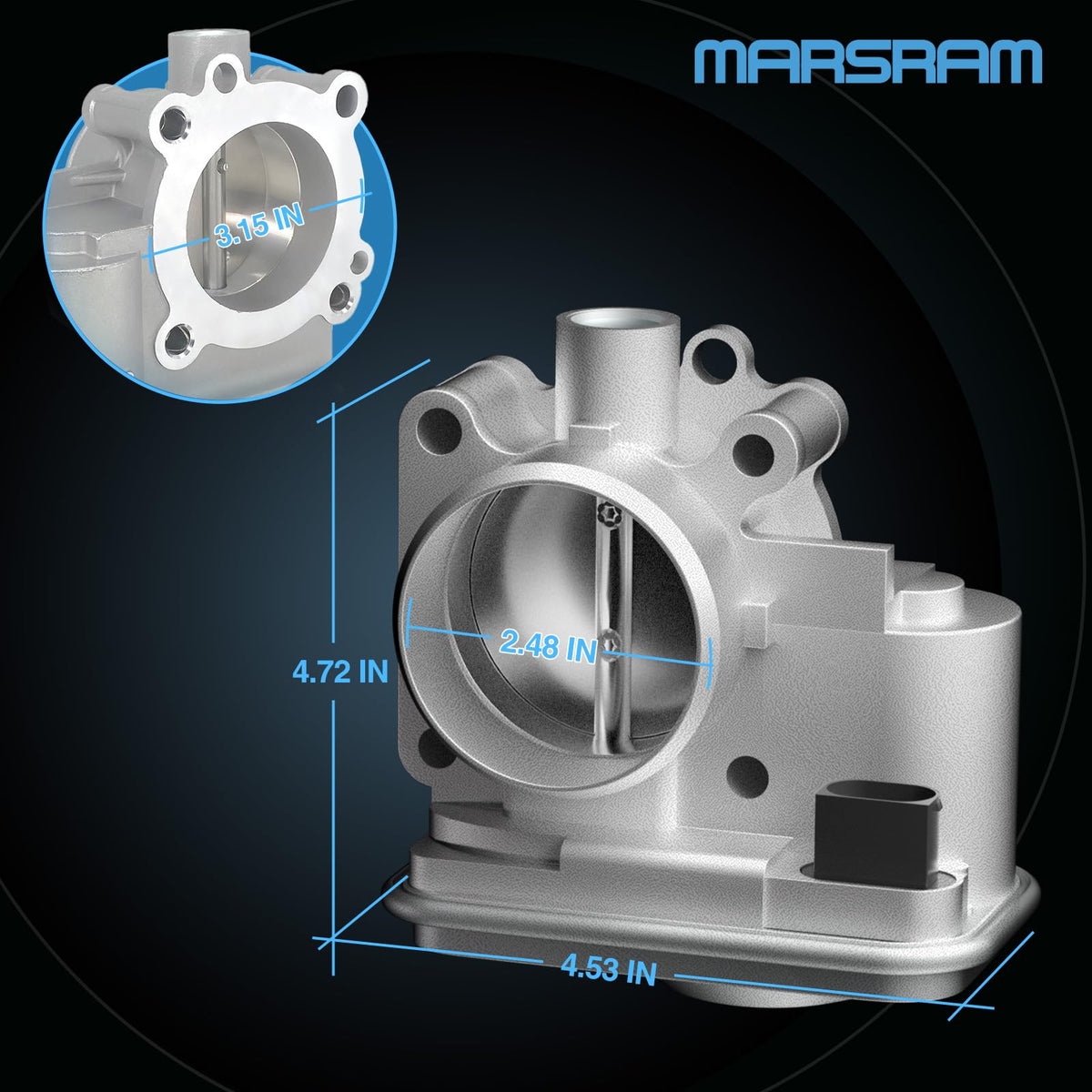 Marsram throttle body installed in engine bay demonstrating direct-fit replacement