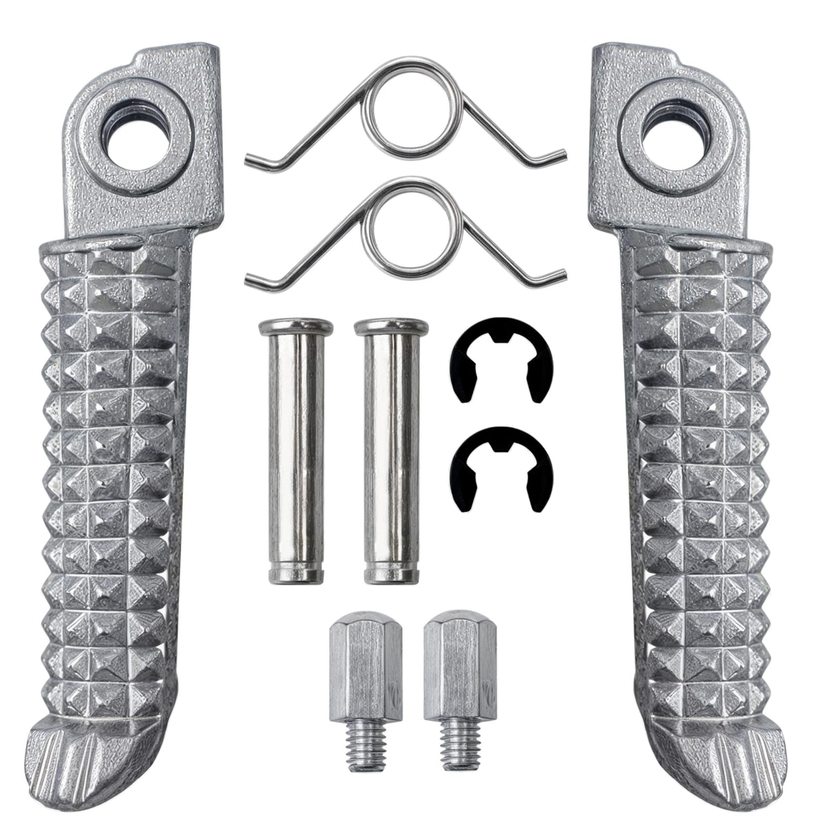 Marsrut front footpegs with mounting hardware showing complete kit and easy install benefit