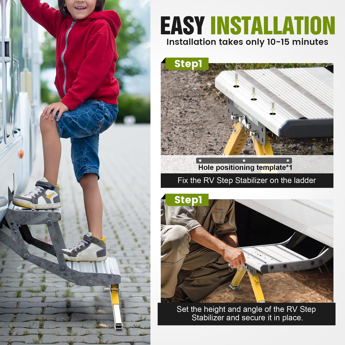 Marudina stabilizer in use under RV step showing wobble reduction benefit