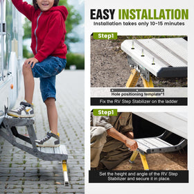 Marudina stabilizer in use under RV step showing wobble reduction benefit