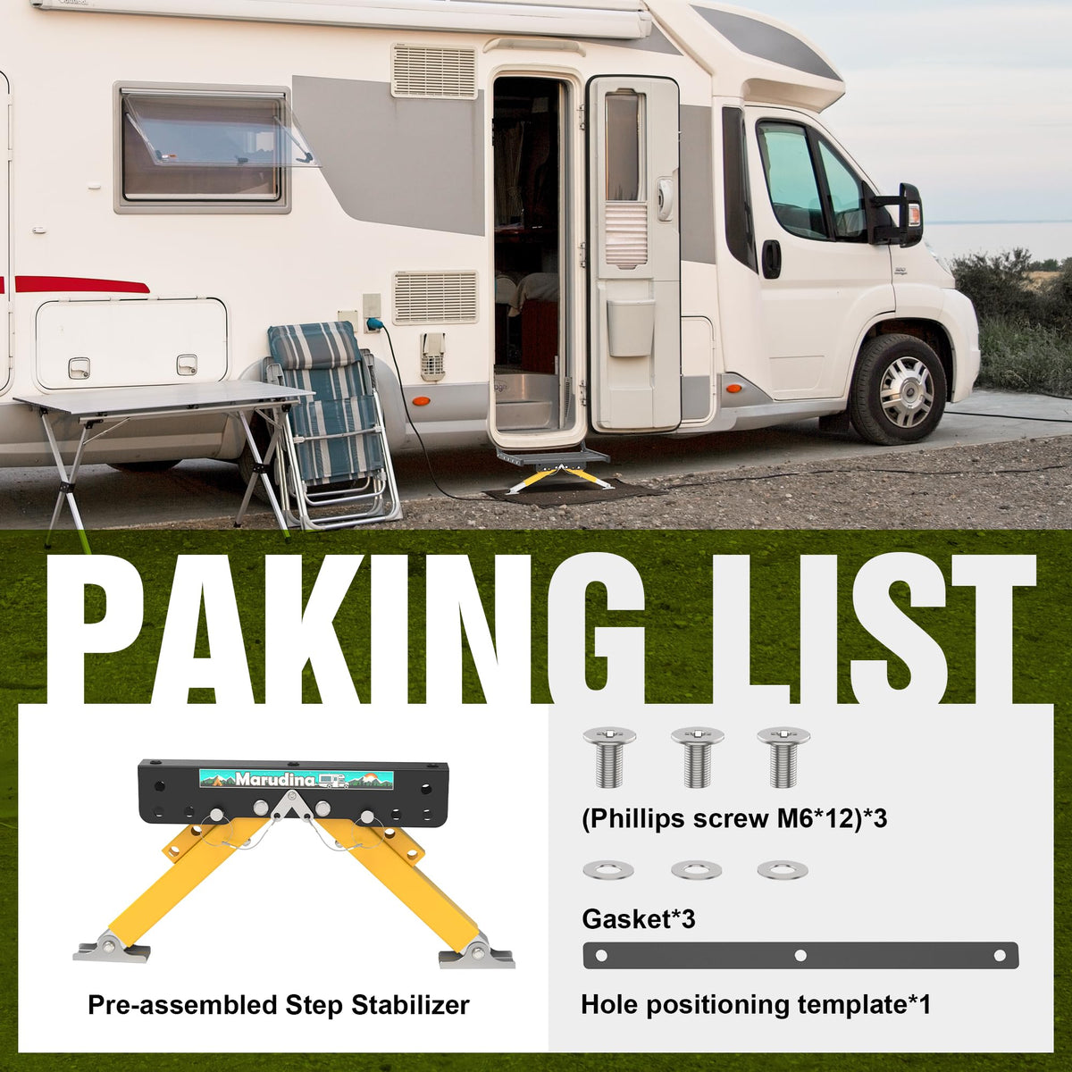 Marudina stabilizer packaged kit contents showing easy installation benefit
