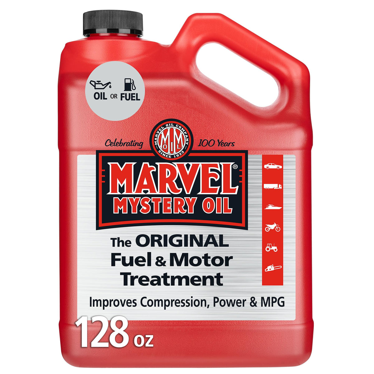 Marvel Mystery Oil front view of 1 gallon container showing red transparent fluid for easy identification and storage