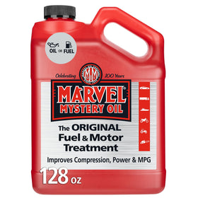 Marvel Mystery Oil front view of 1 gallon container showing red transparent fluid for easy identification and storage