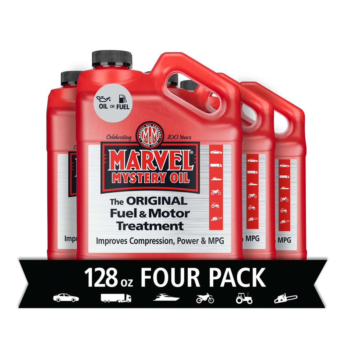 Marvel Mystery Oil front label showing product size and benefits