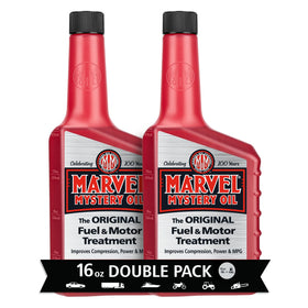 Marvel Mystery Oil front packaging showing two 16 oz bottles and product benefit