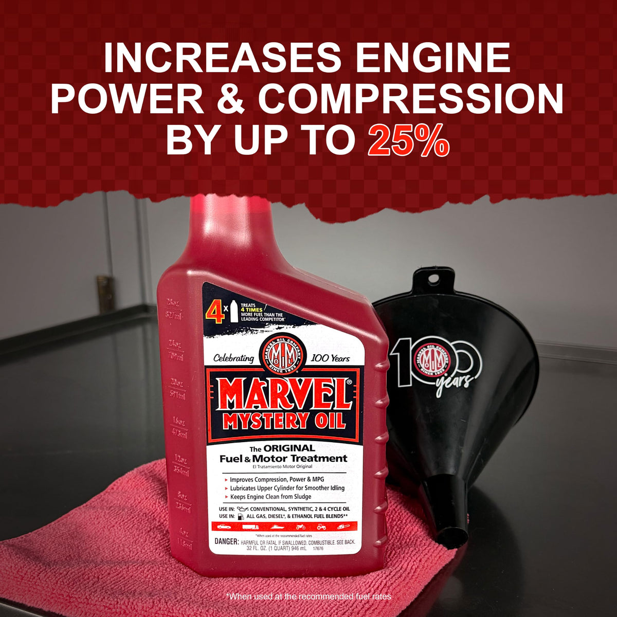 Marvel Mystery Oil being poured into a fuel tank to clean injectors