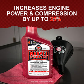 Marvel Mystery Oil being poured into a fuel tank to clean injectors
