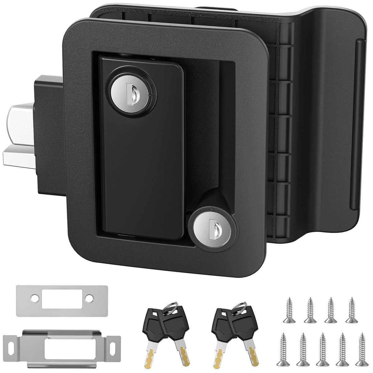 Marvelity front view of black RV door lock kit showing complete components and secure look