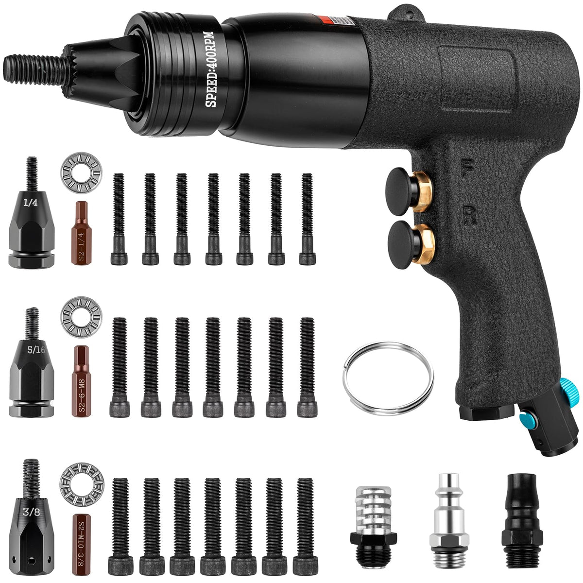 Marvelity front view of pneumatic rivet nut gun showing ergonomic grip and controls benefit speed