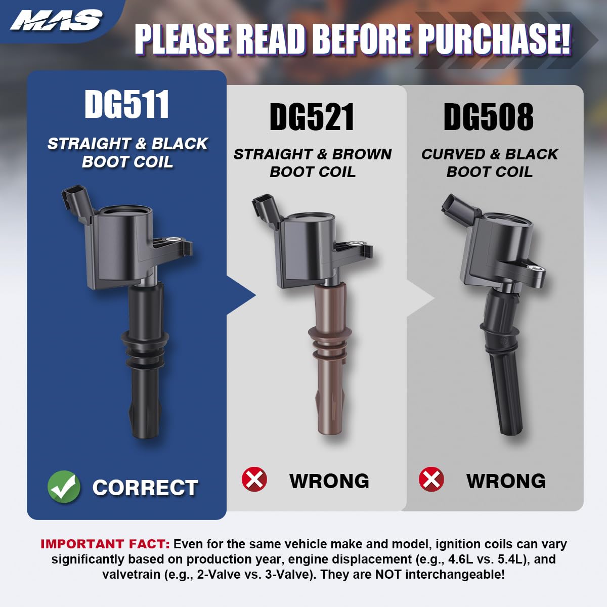 MAS ignition coil close-up straight boot detail ensuring correct fit and seal