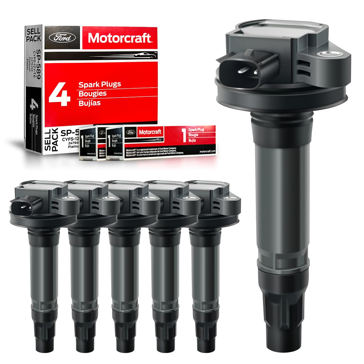 MAS front packaging showing complete 6-coil and 6-plug kit for easy replacement