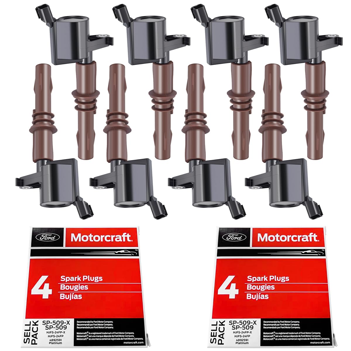 MAS front packaging showing 8-coil kit and Motorcraft plugs benefits reliability