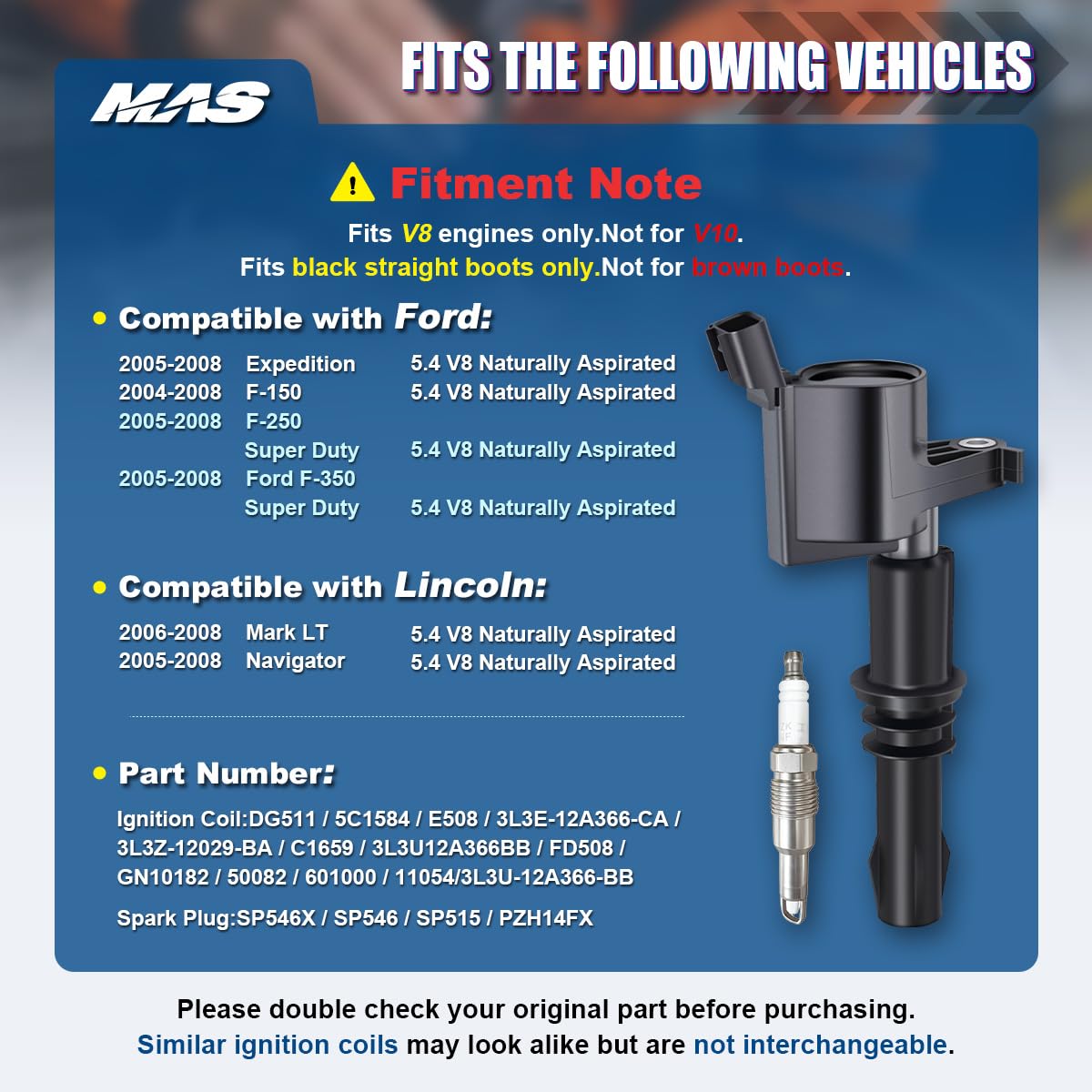 MAS Motorcraft SP546 and SP515 spark plugs arranged to show included models and compatibility