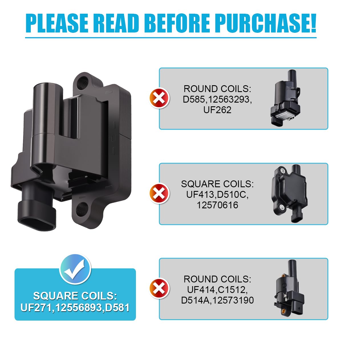MAS UF271 square ignition coil close-up illustrating durable connector design