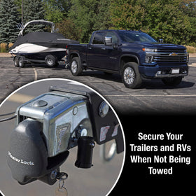 Master Lock 379ATPY installed on trailer coupler preventing hitch theft