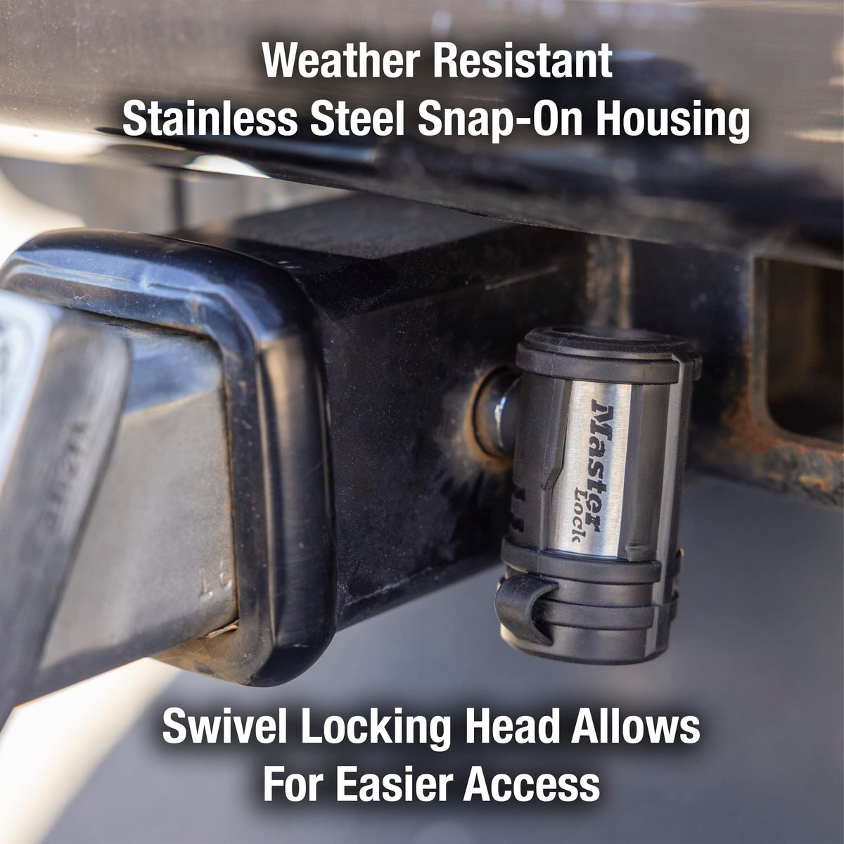 Master Lock coupler lock in use on latch offering quick quarter-turn locking