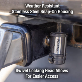 Master Lock coupler lock in use on latch offering quick quarter-turn locking