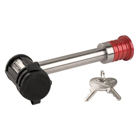Master Lock receiver lock front view showing stainless steel pin and durable finish protecting your hitch