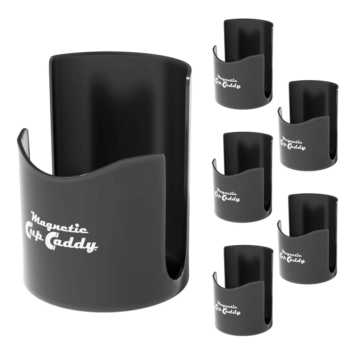 Master Magnetics front view of black cup caddy showing shape and opening, keeps drinks handy