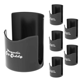 Master Magnetics front view of black cup caddy showing shape and opening, keeps drinks handy