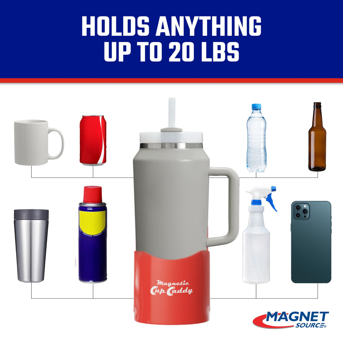 Master Magnetics cup caddy attached to toolbox holding a travel mug for hands-free convenience