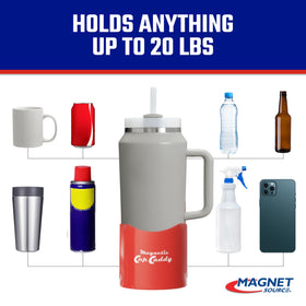 Master Magnetics cup caddy attached to toolbox holding a travel mug for hands-free convenience