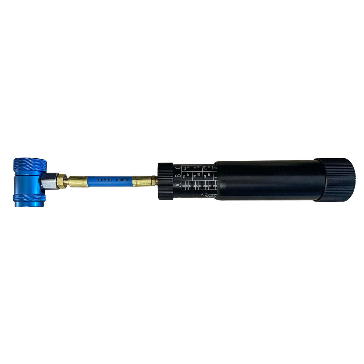 Mastercool injector front view showing anodized body and capacity, durable for shop use