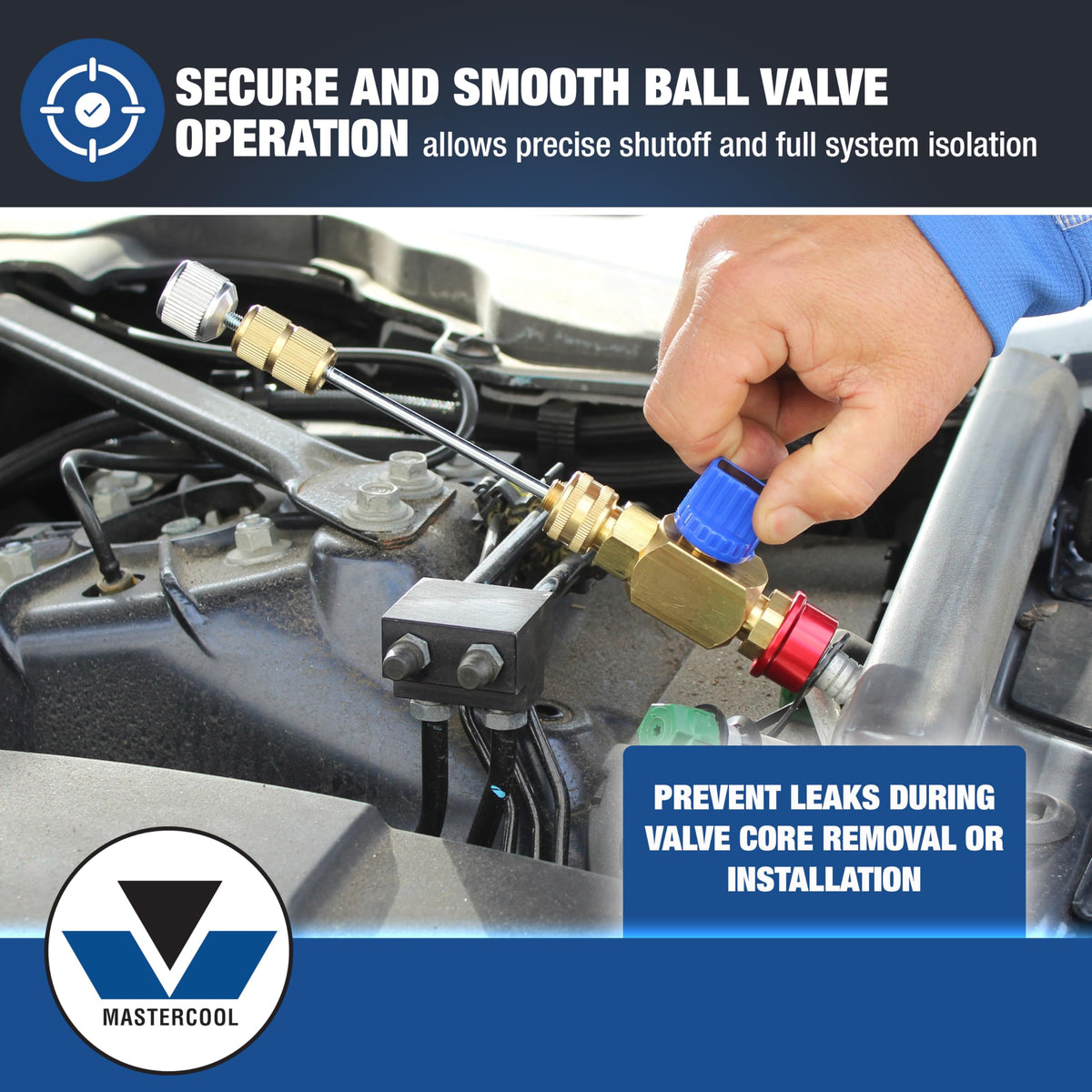 Mastercool brass body and stainless ball valve detail, durable corrosion-resistant construction