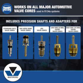 Mastercool interchangeable shafts and adapters laid out, simplifies matching vehicle cores