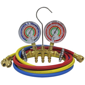 Mastercool front manifold assembly showing valves and ports for reliable control