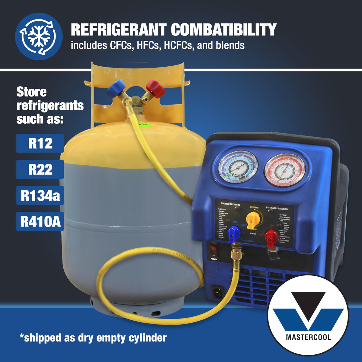 Mastercool 63010 in use with service hoses demonstrating efficient recovery workflow