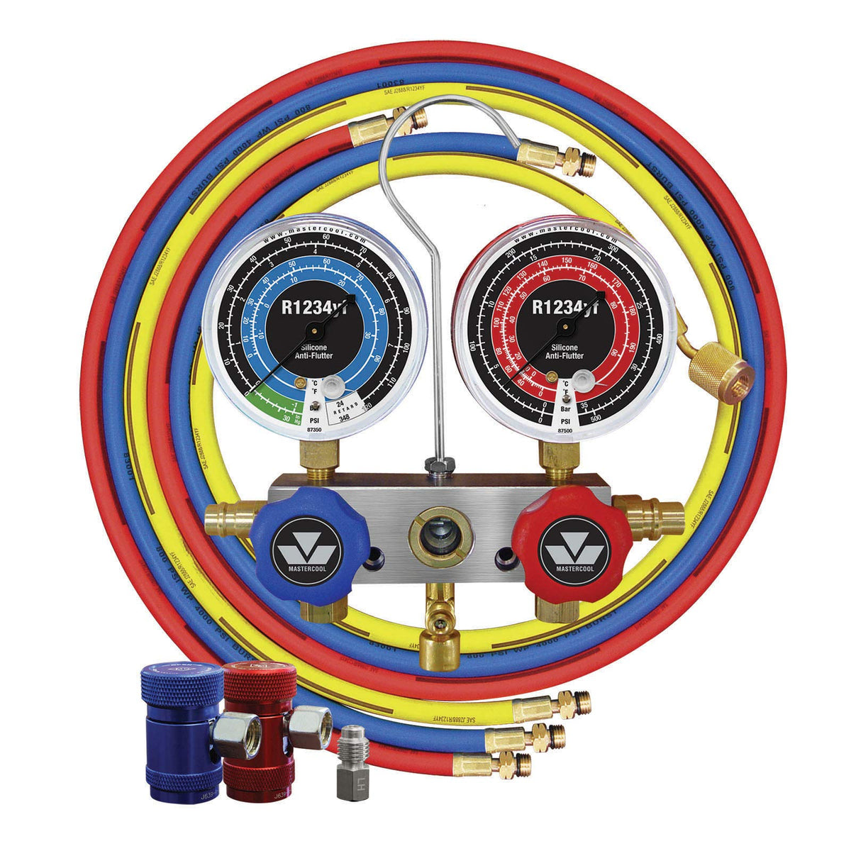 Mastercool front view manifold showing controls and sturdy aluminum block for reliable service