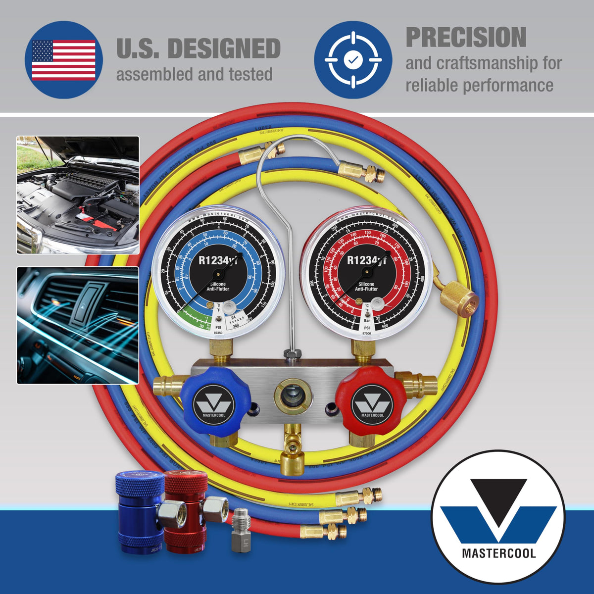 Mastercool close-up of 3.5-inch anti-flutter gauges for stable, accurate pressure readings