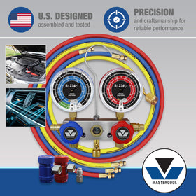 Mastercool close-up of 3.5-inch anti-flutter gauges for stable, accurate pressure readings