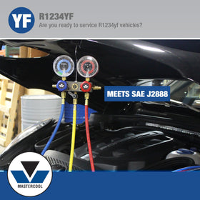 Mastercool in a workshop connected to a car A/C system for efficient technician use