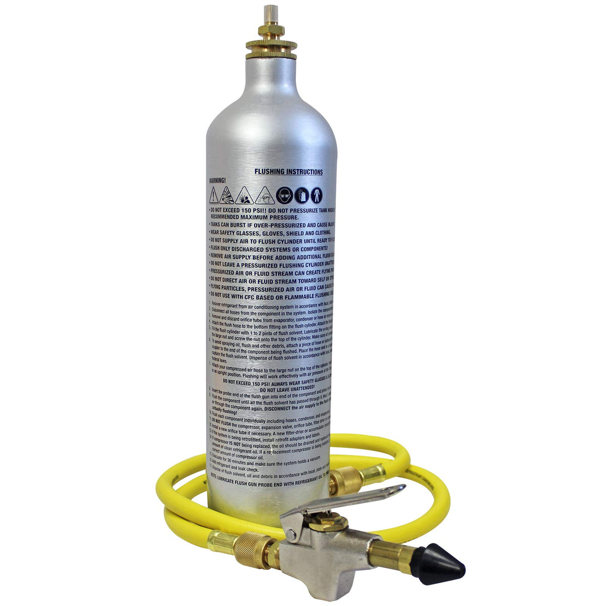 Mastercool 91046-A kit front view showing flush gun, 33 oz canister and 36-inch hose for quick cleaning