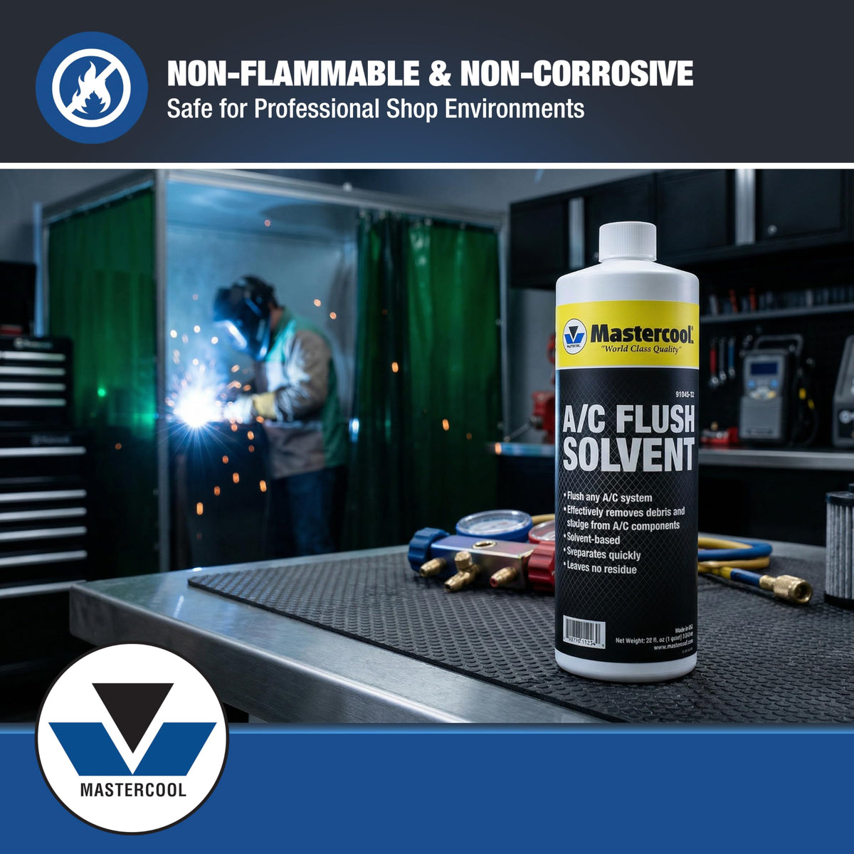 Mastercool pouring action into flush kit demonstrating efficient system cleaning