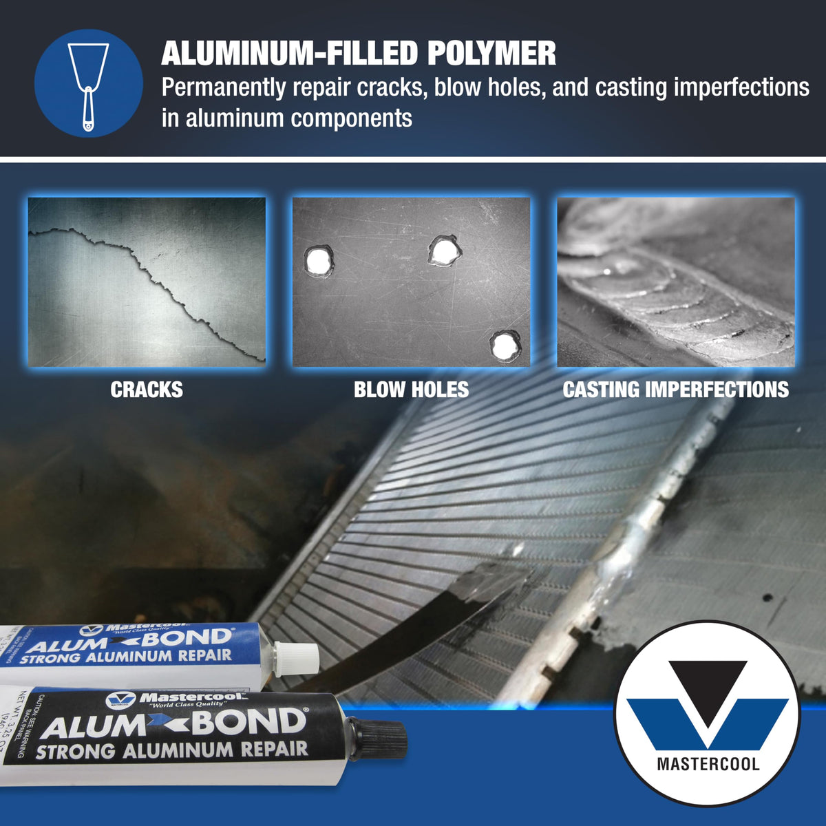 Cured Mastercool Alum Bond being drilled to show machinable metal repair
