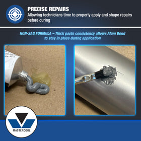 Technician using Mastercool Alum Bond in a workshop to repair an aluminum housing