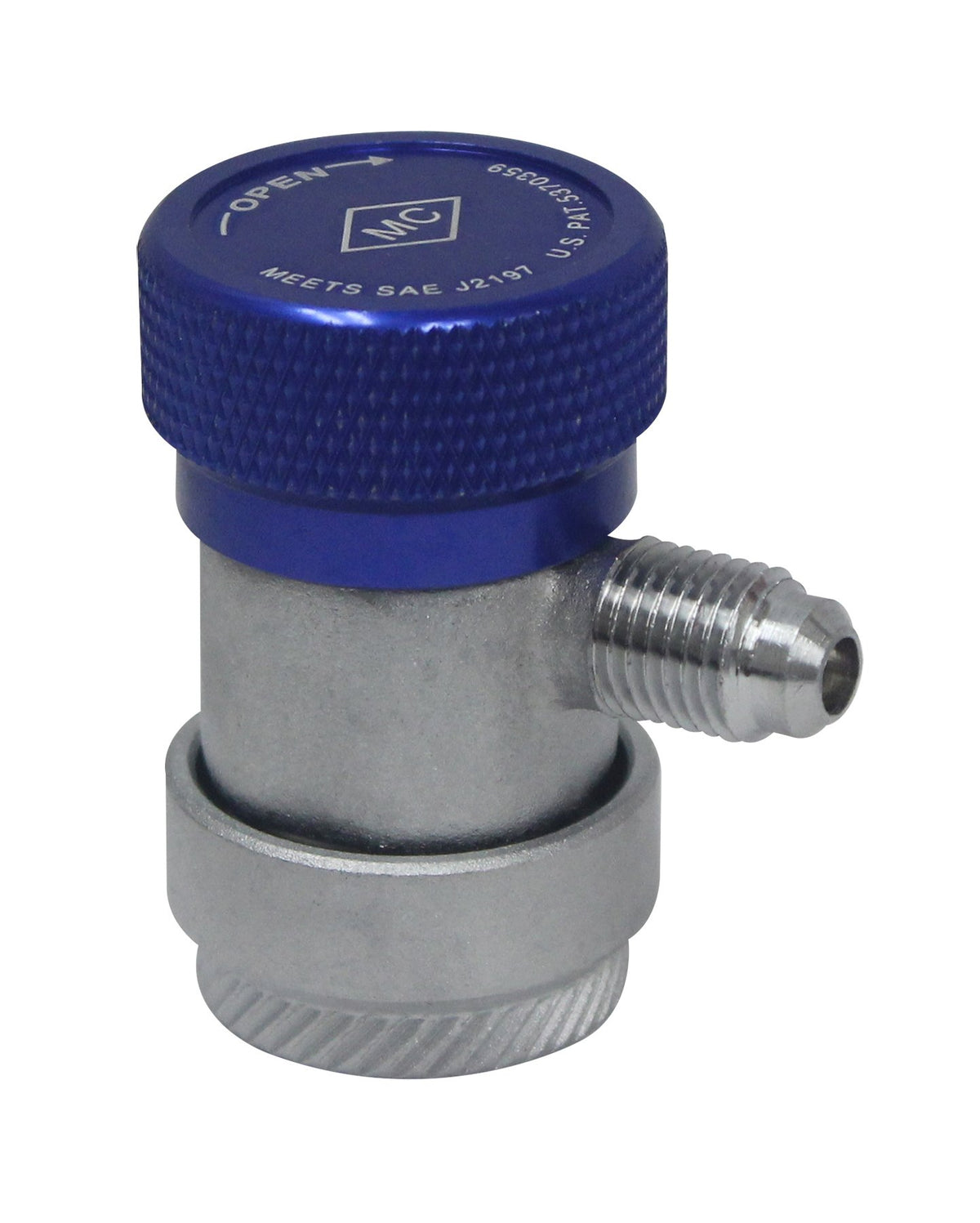 Mastercool blue coupler front view showing durable metal construction and leak-resistant seal