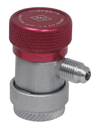 Mastercool high-side coupler front view showing red body and secure connection benefit