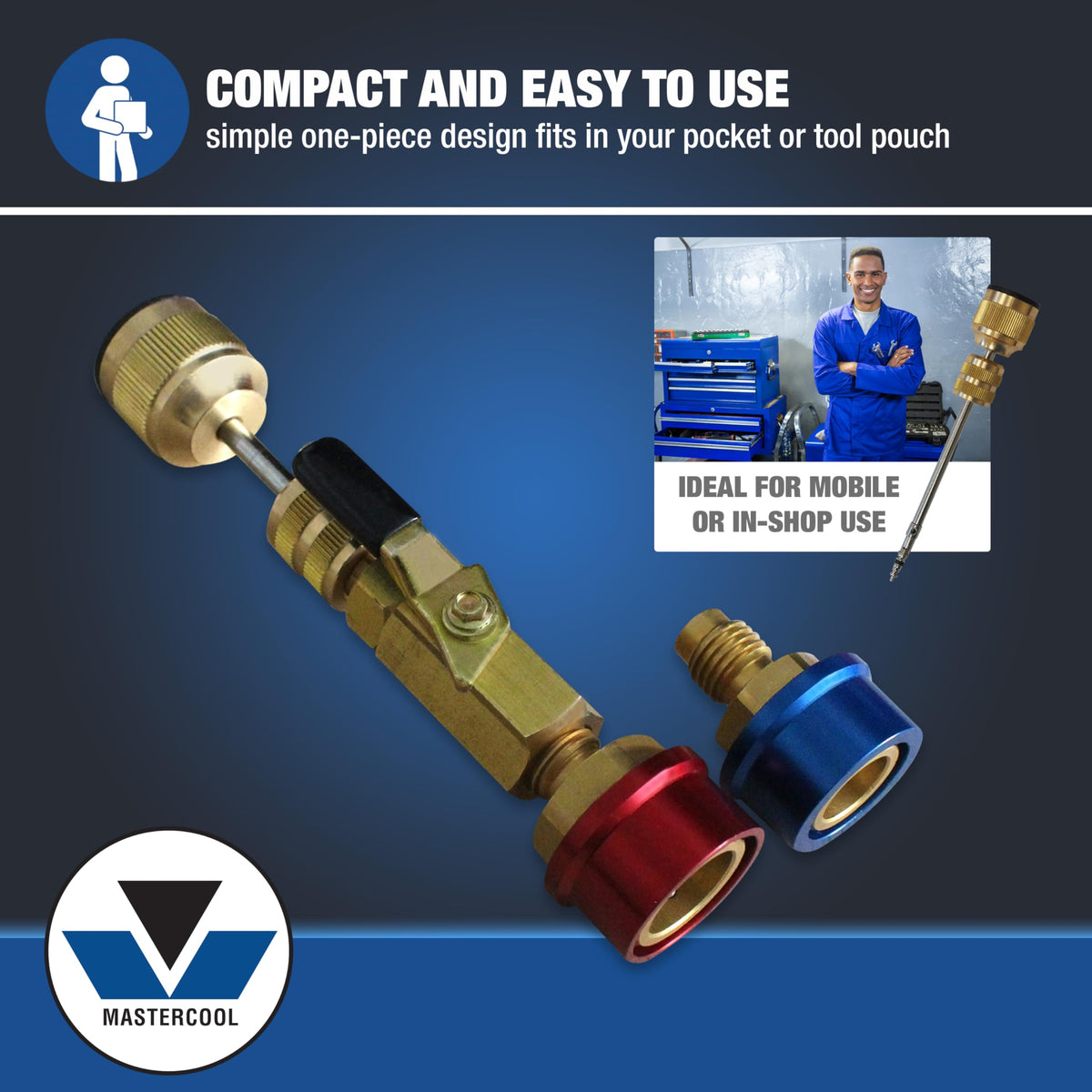 Mastercool tool in use on vehicle low-side connection enabling on-vehicle core service
